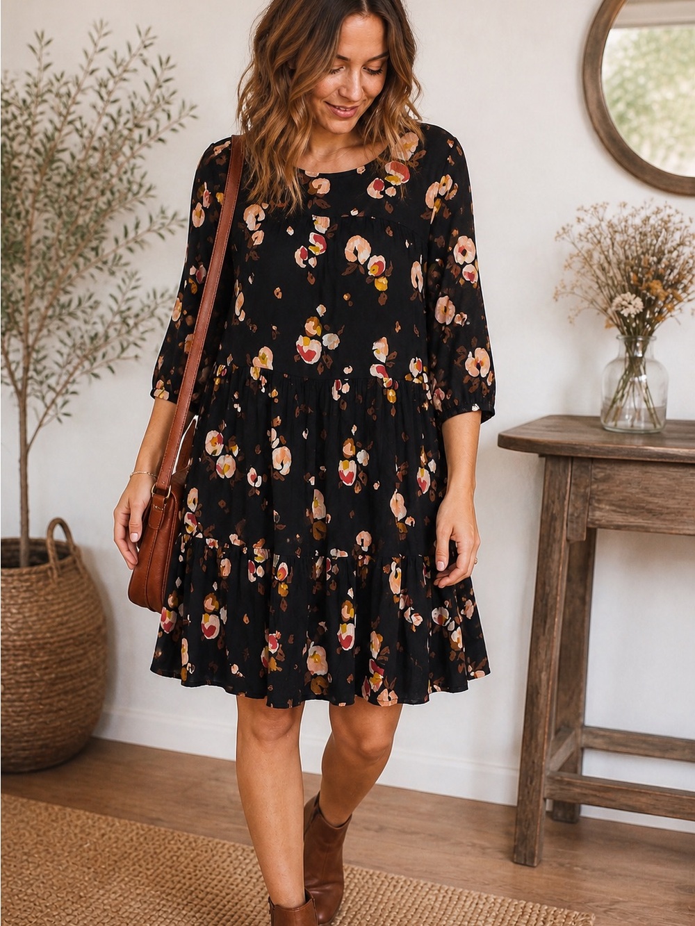 Fat Face Floral Tiered Dress Boho Black Viscose 3/4 Length Sleeve US 8